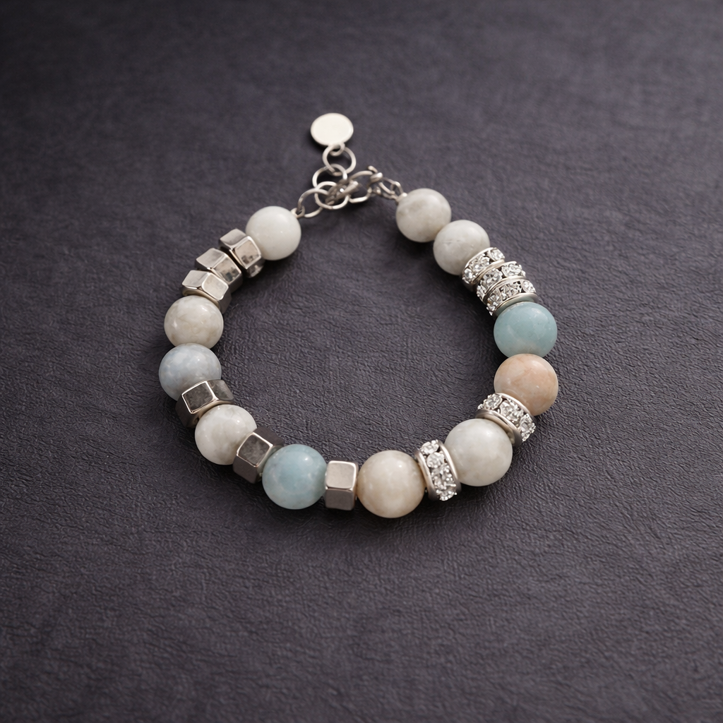 Ett snyggt armband med amazonitstenar i kombination av agatstenar i toner av vitt, grått, beige och turkos. Smycket pryds även av fina detaljer med inslag av strass-stenar.